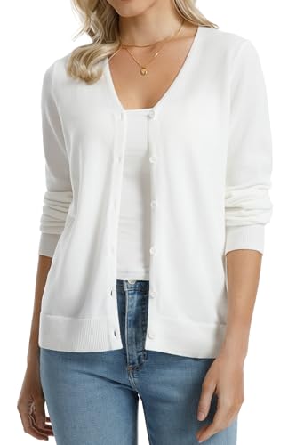 Image of QUALFORT Women's 100% Cotton Lightweight Cardigans Long Sleeve Knitted Button Down Sweater