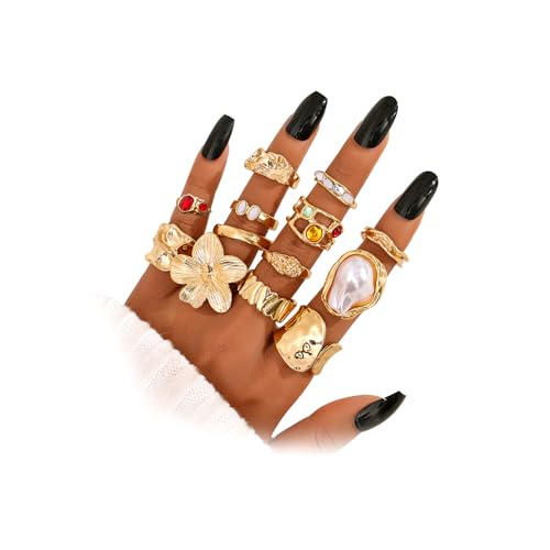 KISS WIFE Golden Chunky Rings Set for Women, Big Flower Artificial Crystal Baroque Pearl Irregular Stackable Knuckle Rings Pack, Vintage Chunky Jewelry Gift (Baroque)