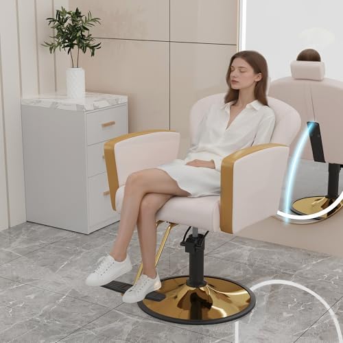 KIGOTY Salon Chair for Hair Stylist, Reclining Salon Chair with Hydraulic Pump,360 Degree Swivel Hair Stylist Chairs with Footrest and Adjustable Headrest for Barbershop (White-Gold)