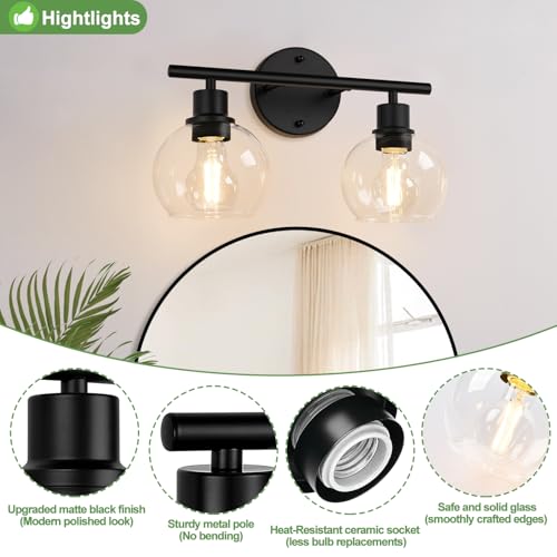 Image of Indoi 2-Light Bathroom Vanity Light, Matte Black Bathroom Light Fixture Over Mirror with Clear Glass Globe Shades, Modern Farmhouse Wall Sconce for Bathroom, Kitchen, Bedroom, Hallway