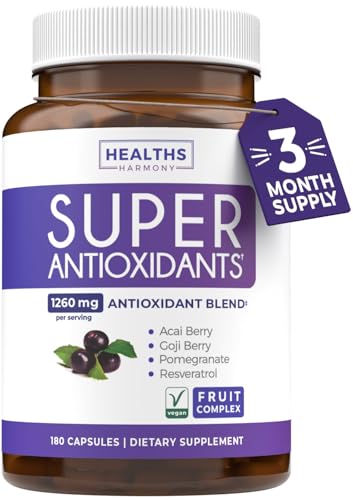 Super Antioxidants Supplement for Women & Men - High Potency Herbal & Fruit Blend with Acai Goji Pomegranate Elderberry & Resveratrol for Skin Care & Immune Support - Vegan & Non-GMO - 180 Capsules