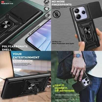 Image of SPAZY CASE Redmi Note 14 SE 5G Back Cover | Heavy Duty Hybrid Case with 360 Degree Rotating Finger Ring Holder + Slider Shutter Camera Protection Case for Redmi Note 14 SE 5G - Black