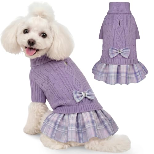 Image of YUDODO Small Dog Sweater Dress with Bowtie Turtleneck Knitted Pet Clothes