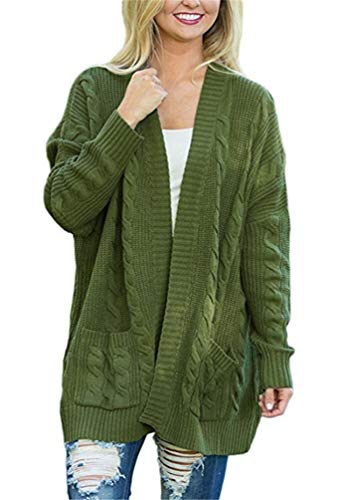 Cardigã feminino casual de manga comprida para outono e inverno, Verde, L