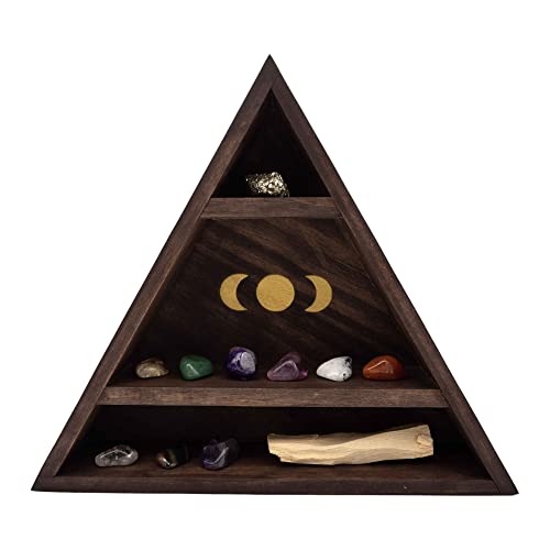 Étagère triangulaire des phases lunaires. Étagère décorative en bois en forme de triangle. Présentoir de Cristaux de Guérison, Huiles Essentielles, Sauge, Objets Esotériques 31X31X6CM (Dorado)