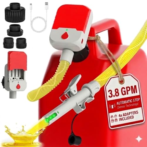 Bonviee Fuel Transfer Pump with Auto-Stop – 3.8 GPM Fast Flow, 51” Hose, Battery or USB Powered, 4 Universal Can Adapters, Portable Gas Can Pump for Gasoline, Diesel & Oil, No-Spill Refueling