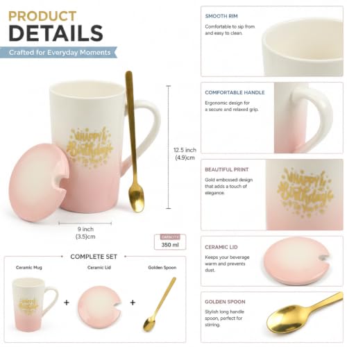 Image of ZAICUS Happy Birthday Coffee Mug with Lid & Spoon, Ceramic Cup for Women | Suitable for Hot & Cold Beverages | Ideal Birthday Gift | Elegant Pink Gradient Finish