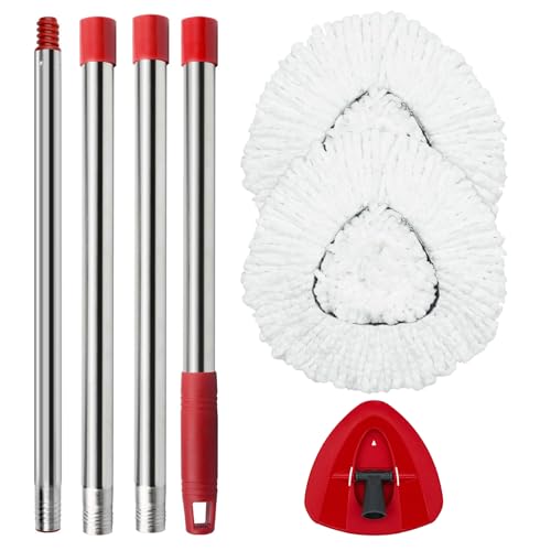 Spin Mop Head Replacement Set 2 Microfibre Pads + Handle + Base Compatible with Vileda Turbo Mop Ideal for Bathroom & Household Cleaning