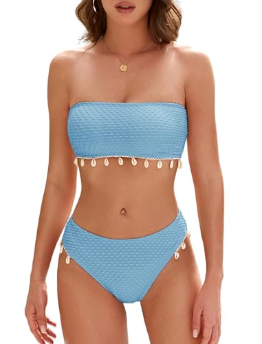 Image of ZAFUL Women Strapless Textured Bandeau Bikini 2 Piece Swimwear Cheeky Solid Lace up Bathing Suits