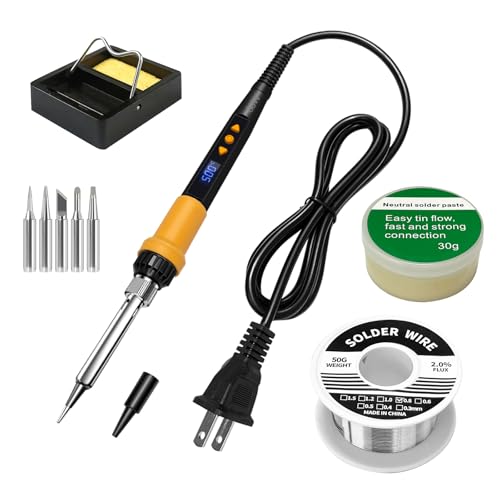Soldering Iron Kit,80W LED Display Adjustable Temperature Soldering Iron Kit with Automatic Sleep Mode, Includes 5 Tips, Solder Wire, Stand, Flux - Professional Orange Welding Tool for Repair and DIY