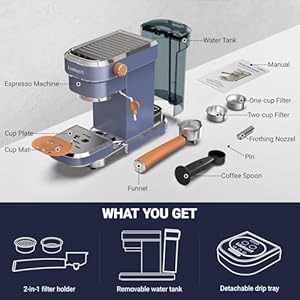 Espresso machine 20 bar espresso maker cmep01 with milk frother steamer home expresso coffee machine for cappuccino and latte navy blue stainless steel gift for coffee lovers father  urban country home decor