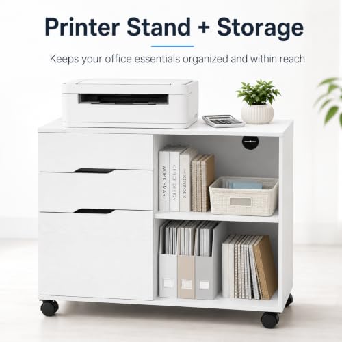 Image of Simple Deluxe 3 Drawer Rolling File Cabinet, Wood Printer Stand with Adjustable Shelf for Home Office Study Organizatiom, White