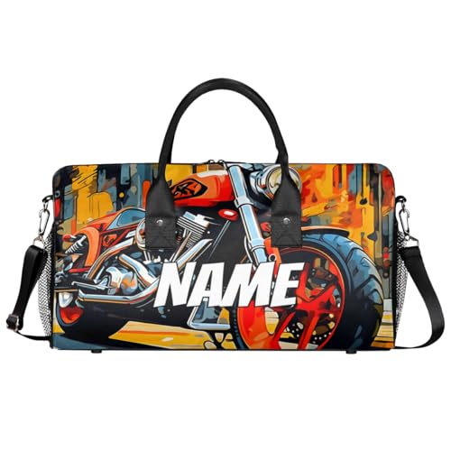 Personalized Colorful Motorcycle Travel Duffel Bag with Name, Custom Gym Sport Bag Modern Art Carry On Weekend Overnight Duffel Bag for Men Women