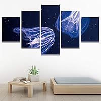 SIGNWIN 5 Panel Canvas Wall Art Modern Art Dramatic Fish Jellyfish Marine Life Multicolor Nautical Photography for Home Decorations Ready to Hang - 60