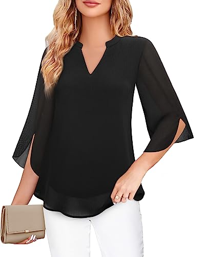 Bebonnie Womens Tops Dressy Casual Ruffle 3/4 Sleeve V Neck Double Layers Chiffon Blouses Tops2