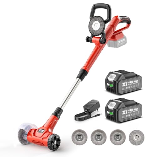 Akku Fugenreiniger 21V Unkrautbürste Elektrisch- Pflasterreiniger mit 2x 4.0Ah Akku, 120 Min. Laufzeit, Teleskopstiel 128cm für Terrasse & Gehweg, inkl. 3 Stahldraht- & 1 Nylonbürste, Fugenkratzer Set