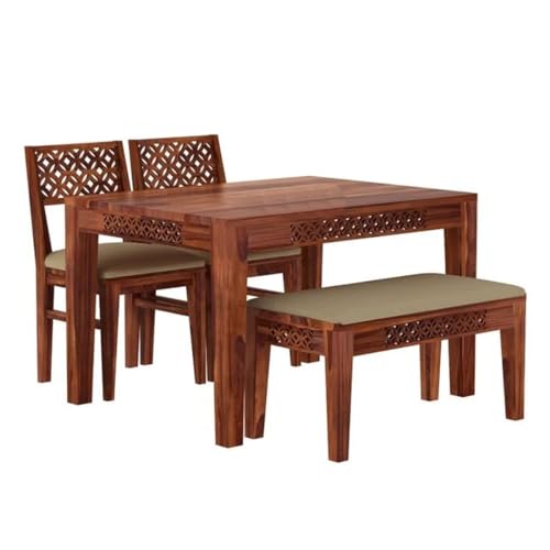 Image of KENDALWOOD Furniture | 1 Year Warranty | Dining Table (34x34) with 2 Chairs 1 Bench | 4 Seater Dining Set | Wooden Dining Table with Chair |Honey Finish with Cream Cushions -DIY(Do-It-Yourself)