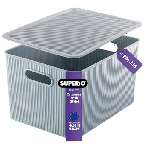 Image of Superio Ribbed Collection - Decorative Plastic Basket Open Home Storage Bins Organizer, Blue Containers for Organizing Closet Storage Bins for Shelves (Bin with Lid- Extra Large (22 Liter), 1 Pack)