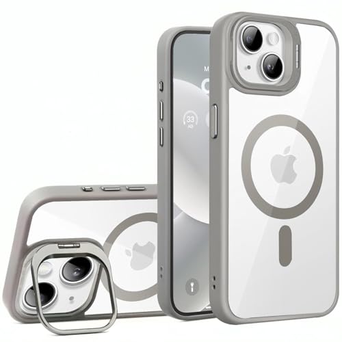 Image of VONZEE Clear Camera Kickstand Case for iPhone 15 Plus, Built-in Adjustable Camera Stand, Clear Magnetic Mag-Safe Shockproof Classic Series Phone Cover (Grey)