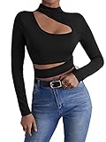 SheIn Damen Crop T-Shirt Cut Outs Langarmtops Bauchfrei Cropshirt Langarmshirt Pullover Herbstshirt Pulli Strechy Teil mit Stehkragen Schwarz L
