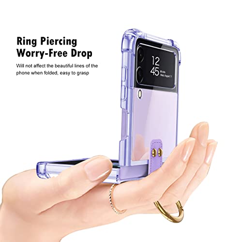 Image of Midkart Anti-Shatter Ring Holder Cover with Retractable Pen and Pen Holder Compatible with Samsung Galaxy Z Flip 3 Soft Sides with Anti-Yellowing PC Airbag Corners Case, Transparent & Semi-Purple