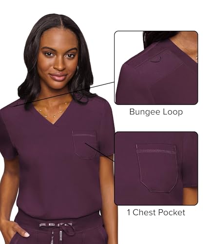 Image of Med Couture Women's V-Neck Scrub Top, Modern Fit Tuck-in Top with Stretchy Rib-Knit Shoulders and Chest Pocket - MC7448