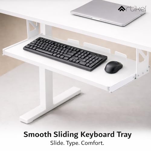 Image of ARTIKEL Artidesk Electric Height Adjustable Table for Office Work with Keyboard Tray | Sit Stand Gaming Desk| 80Kg Wt Lift | 2 Headphone Hook Cable Management (White, 120x60cm)