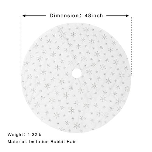 Soqool Christmas Tree Skirt, Sliver Snowflake 48 inches White Faux Fur Mat for Xmas Party Decorations Holiday Festival Supplies - Thumbnail 3
