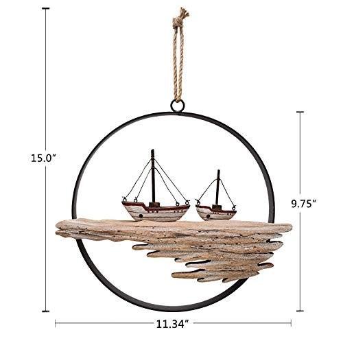 E-view Nautical Wood Wall Decoration Rustic Wooden Hanging Circle Ocean Home Decor Hand Carved Beach Themed Ornament for Door (Sailboat) - Image 5