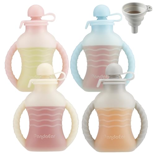 PandaEar 4 Pack Reusable Baby Food Pouches with Double Handles Silicone Portable Pouches for Toddlers Refillable 4oz Food Storage Bags for Puree Yogurt Smoothies - Includes Collapsible Funnel