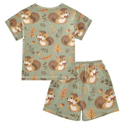 ALAZA Squirrel Animal Leaf Pajamas Set Short Sleeve Cotton Sleepwear Summer Pjs 2 Piece 5-14Y2