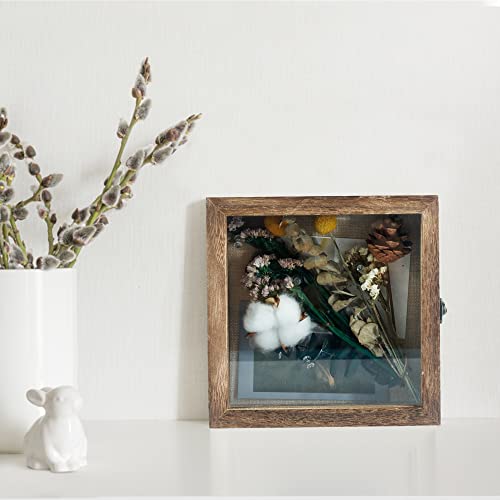 Image of GraduationMall 8x8 Shadow Box Frame Solid Wood Glass Door Display Case with Linen Back and 6 Stick Pins,1.5 inches Interior Depth,Ideal for Memorabilia Pictures Flowers Medals Tickets