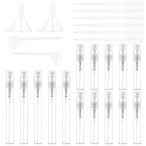 Tikplus Mini Sprühflasche, 24 Stück 2/3/5ml Transparente Feinnebel Sprühflasche leer + 2 Trichtern + 6 Pipetten + 2…
