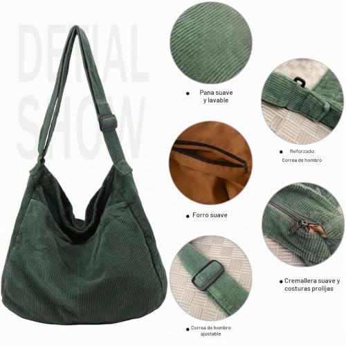 Miniatura 4 de Dainaotm Bolsa De Lona Casual Hobo Bandolera Para Mujeres Y Hombres, Bolso Grande De Mensajero, Bolsa De Mensajero, Viaje Y Trabajo, 2 - Verde, Large