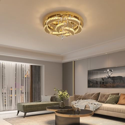Deckrico Kristalllüster 50CM Gold Deckenleuchte Moderne Flush Mount Hängeleuchte für Esszimmer Wohnzimmer Schlafzimmer, Variable Licht