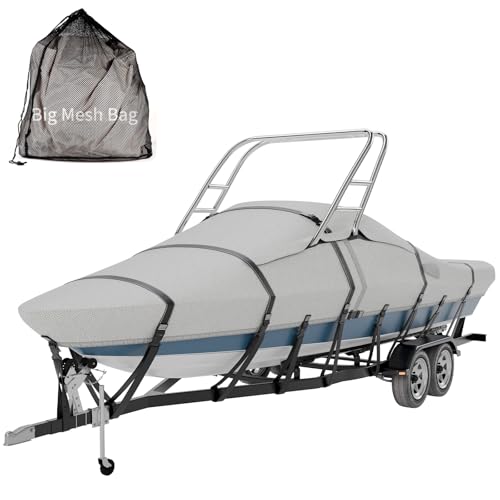 Tuszom 900D Solution Dyed 100% Waterproof Ski & Wakeboard Tower Boat Cover with 11+6 PCS Windproof Straps Fit V-Hull Runabouts OutBoards and I/O (Gray, 17'-19'L, Beam Width to 102' W)