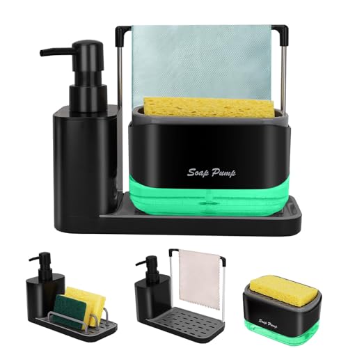 Kitchen Dish Soap Dispenser Set with Tray, 3-in-1 Hand and Dish Soap Dispenser, Sponge and Dishcloth Holder, for Kitchen Sink Countertop Storage Organizer (Black)