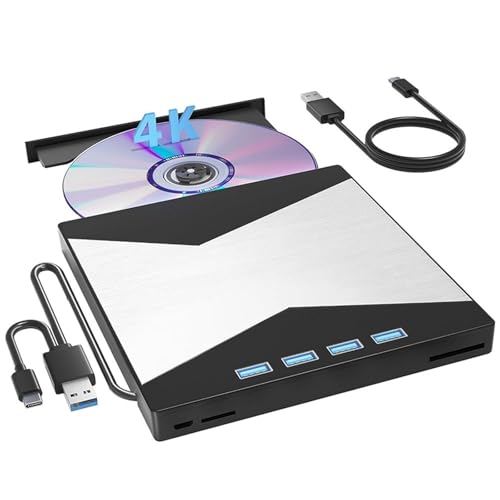 AYJYZHIAG Unidad de BLU-Ray Externa 4K, Reproductor for portátil, Lector CD/DVD RW USB 3.0 con Puerto SD/TF, Unidad óptica