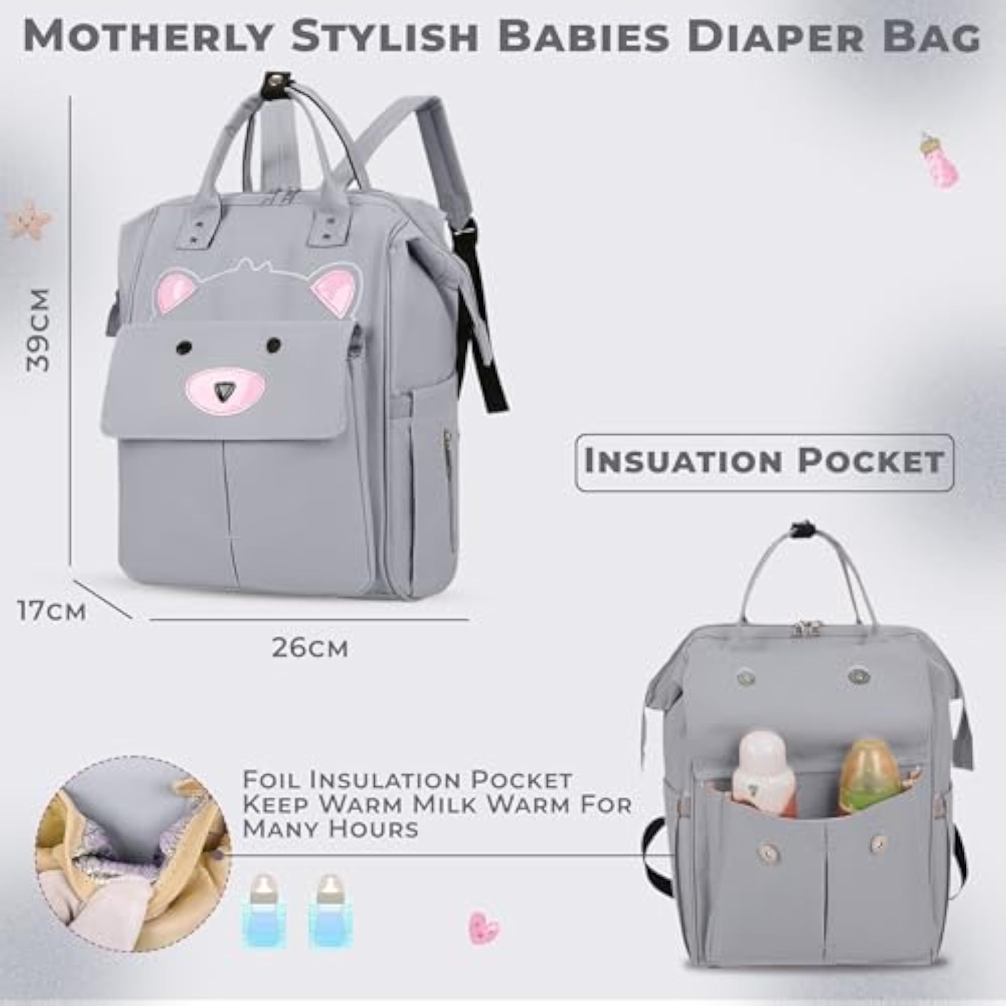 Stylish Diaper Bag for New Mothers, Grey