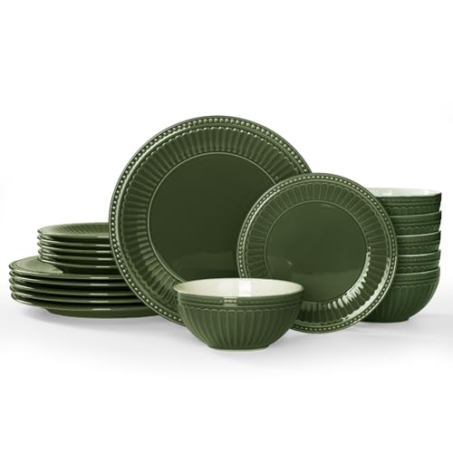 Image of Famiware Garden Plates and Bowls Sets, 18-Piece Dishes Set for 6, Scratch Resistant Kitchen Dishes Dinnerware Set - Microwave and Dishwasher Safe, Reactive Glaze and Embossed Stoneware, Dark Green
