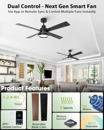 Image of 52 Inch Black Ceiling Fan with Light and Smart Remote Control & App