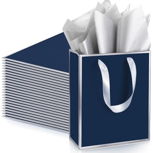 Image of Yeaqee 24 Pack Metallic Paper Gift Bags, Navy Blue, Silver | with Satin Ribbon Handle and Tissue, 9x7x3.1 Inch, Suit Business, Birthday, Christmas, Thank You Return Gifts Bags