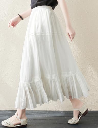 IDEALSANXUN White Linen Skirts for Women 2024 Summer Tiered Flowy A Line Elastic High Waisted Skirt with Lining3