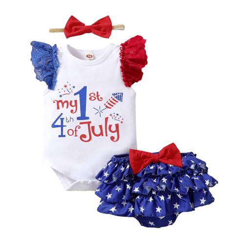 Image of Newborn Baby Girl My First 4th of July Outfits Red Blue Ruffle Sleeve Sleeveless+Bow Short Set Bloomers+Headbands
