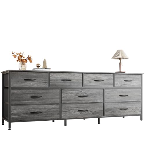 Huuger 63 Inch Dresser for Bedroom, Long Dresser with 10 Fabric Drawers, TV Stand for 55, 65, 70 Inch TV, Toy Storage Organizer for Closet, Grey