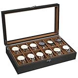 Uten Boîte à Montres 12 Compartiments, Coffret à montres en Bois, Couvercle en Verre, Coffret de Rangement pour Montres pour Hommes et Femmes, Coussinets Coton de Soie, Doublure Marron, Idée Cadeau