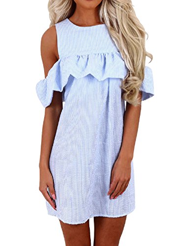 Stcgoo Striped Ruffle Cold Shoulder casual dress Women's Cutout Sundress -B-L