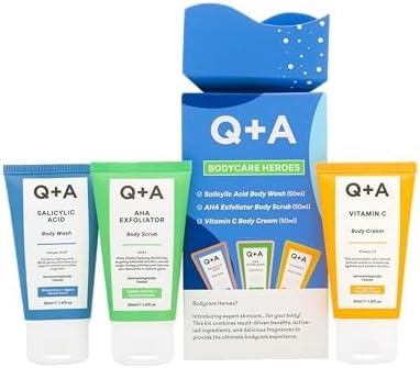 Q+A Bodycare Heroes Giftset – 3-staps huidverzorgingsroutine: Salicylzuur Body Wash, AHA Exfoliator Scrub & Vitamine C Body Cream, Reisformaat van 50 ml elk, Exfolieert, Verzacht & Straalt