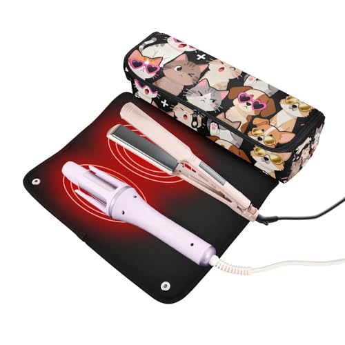 Estuche de viaje 2-en-1 para plancha y rizador con mat heat resistant, impermeable, portátil, diseño de gatos y perros en estilo cartoon miniatura 2