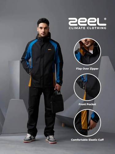 Image of ZEEL Rain Coat For Men with Adjustable Velcro Hood, Polyester Waterproof Full Sleeves Raincoat, Top and Bottom Set Rainwear, Front Zip with Flap, Lightweight Raincoat (EJS511, Black and Blue, XL)